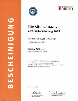 Zertifikat Bauder Flachdach Flüssigkunststoff Richard Milberger